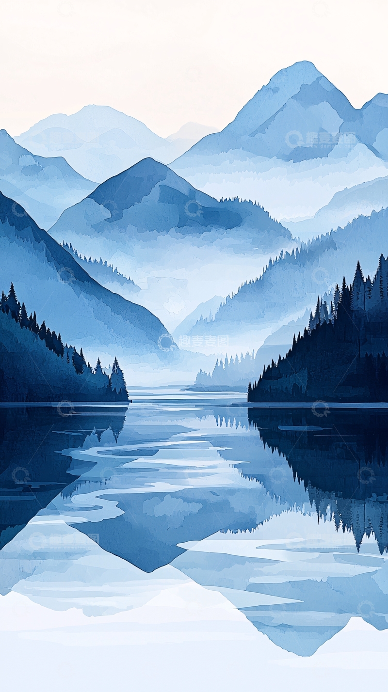 高清大图下载【趣麦麦图】蓝色山脉湖泊倒影