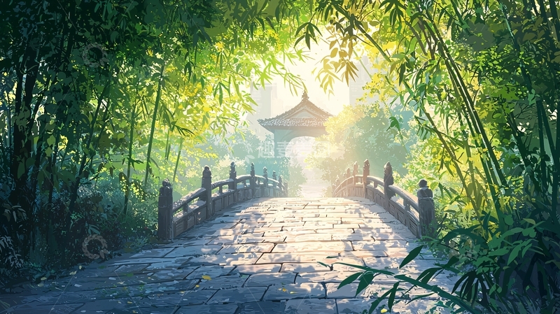 高清大图下载【趣麦麦图】翠竹掩映下的石桥