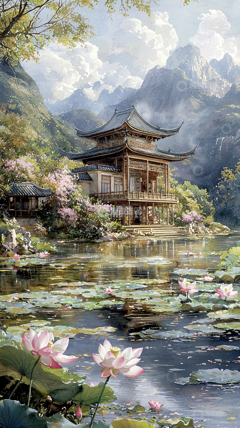 高清大图下载【趣麦麦图】山间寺庙荷花湖泊