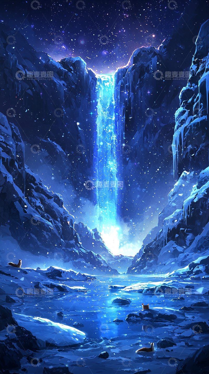 高清大图下载【趣麦麦图】梦幻冰雪夜空瀑布