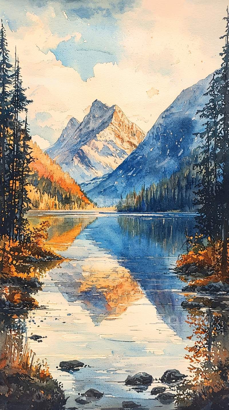 高清大图下载【趣麦麦图】湖光山色水彩风景画