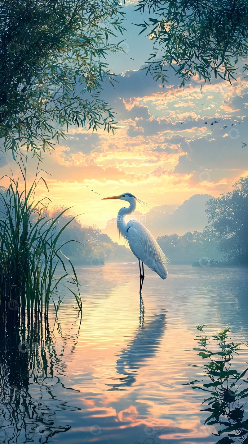 高清大图下载【趣麦麦图】清晨白鹭湖边风景