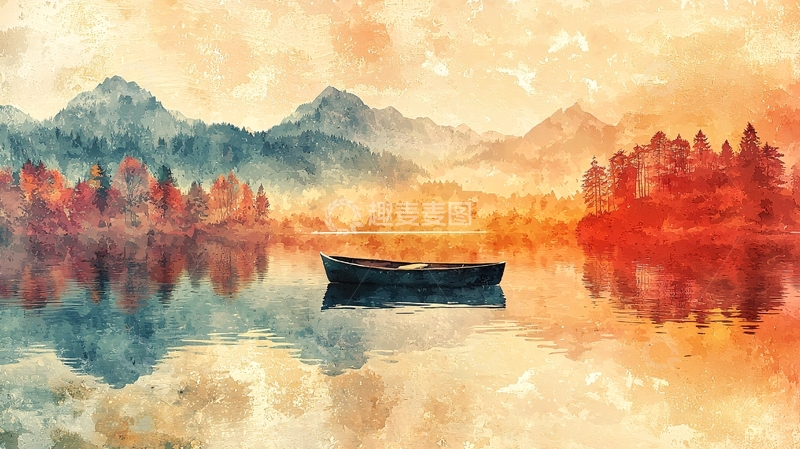 高清大图下载【趣麦麦图】静谧湖泊泛舟秋景