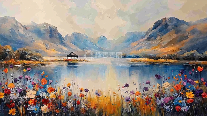 高清大图下载【趣麦麦图】山间湖泊野花小屋风景画