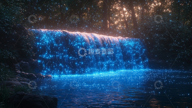 高清大图下载【趣麦麦图】夜幕下的蓝色瀑布