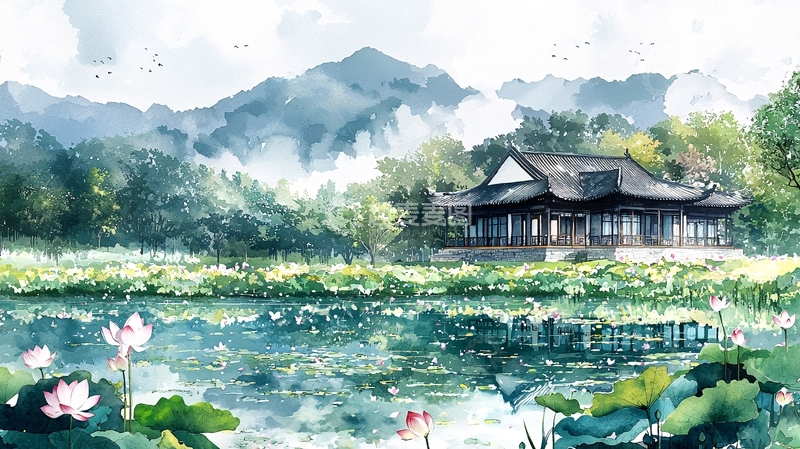 高清大图下载【趣麦麦图】水墨风山水间的亭台楼阁