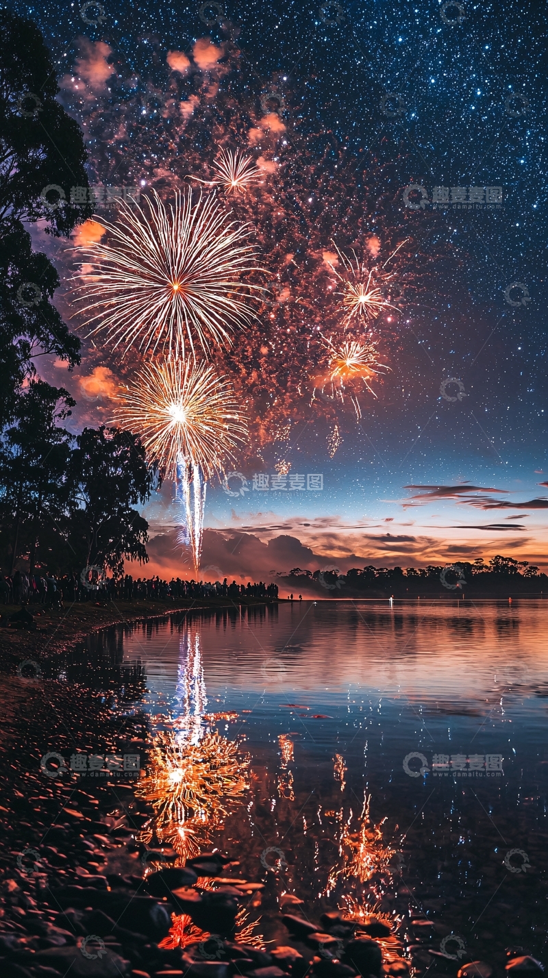 高清大图下载【趣麦麦图】星空烟火湖面倒影