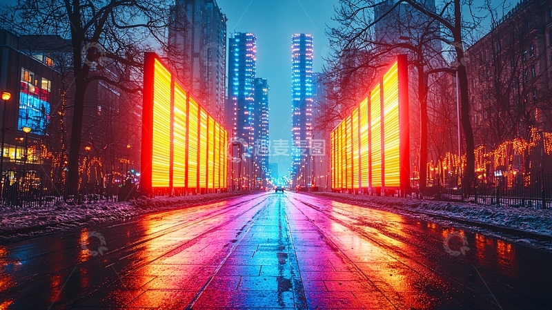 高清大图下载【趣麦麦图】夜晚城市街道霓虹灯