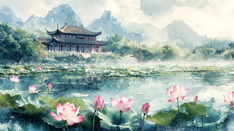 高清大图下载【趣麦麦图】中国风山水亭台荷花