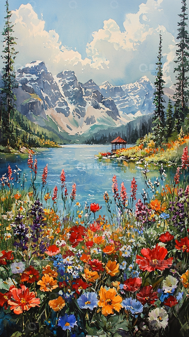 高清大图下载【趣麦麦图】宁静湖畔的鲜花盛开
