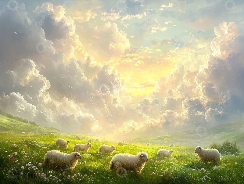 高清大图下载【趣麦麦图】阳光普照下的羊群