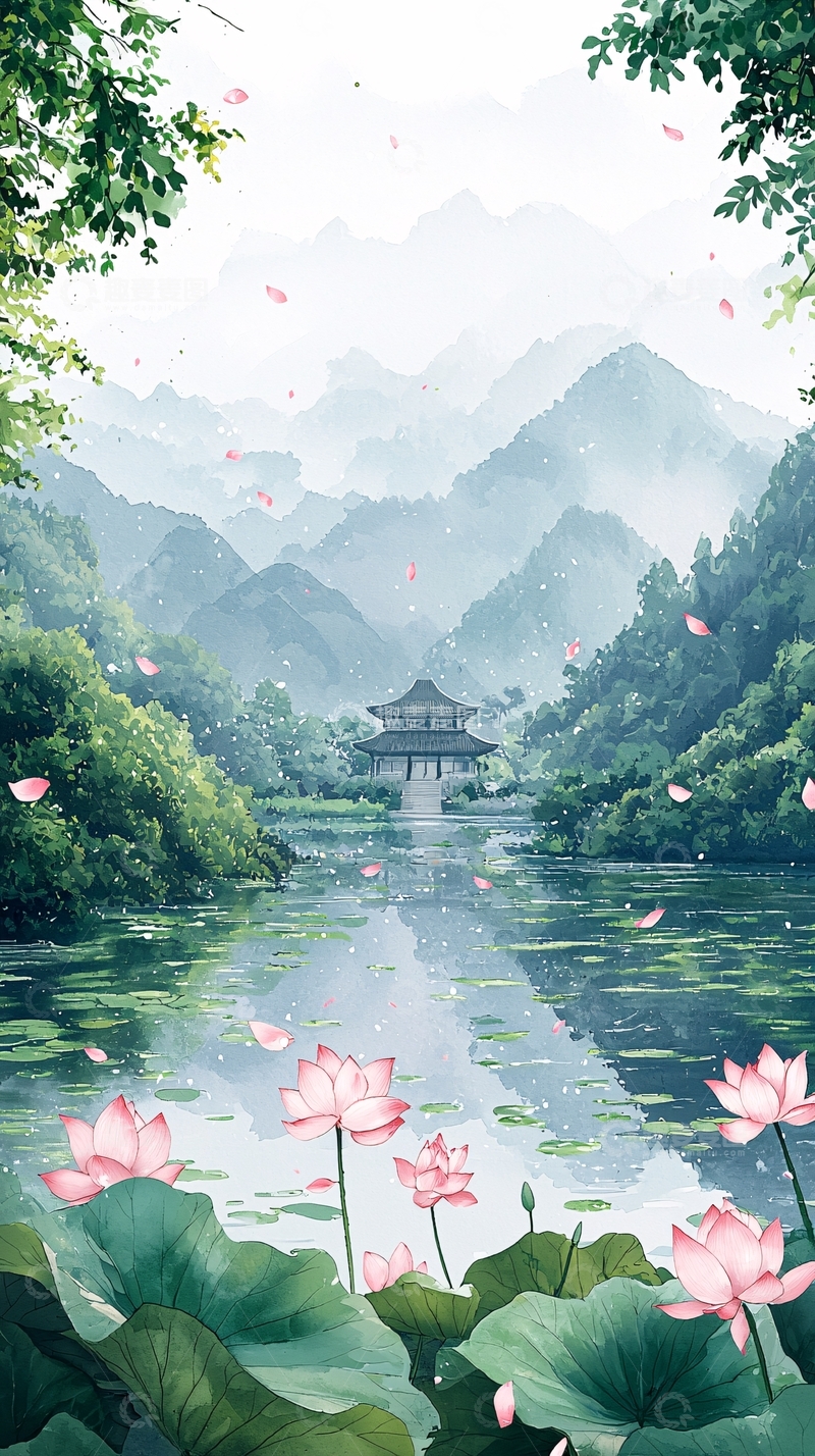 高清大图下载【趣麦麦图】水墨风山水荷花亭台楼阁