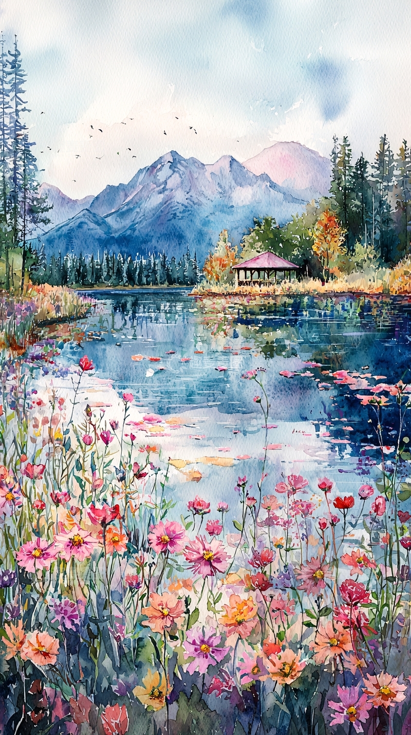 高清大图下载【趣麦麦图】水彩湖畔花卉山景