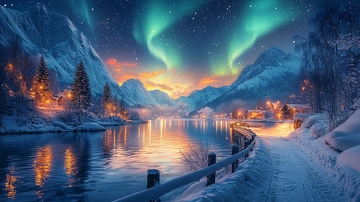 极光下的雪山小镇