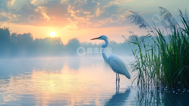 高清大图下载【趣麦麦图】清晨雾霭白鹭湖边