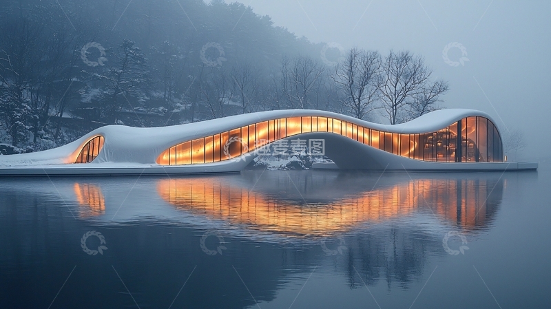 高清大图下载【趣麦麦图】雾气朦胧下的雪景建筑