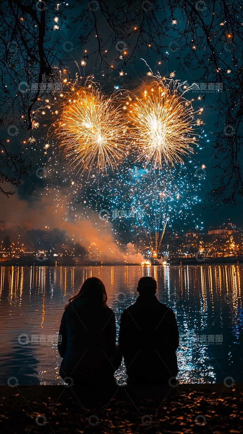 高清大图下载【趣麦麦图】情侣看烟花