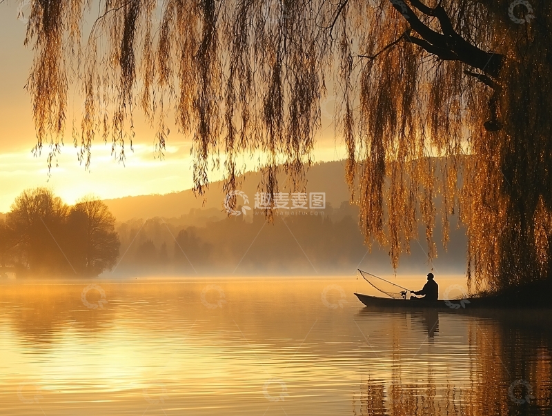 高清大图下载【趣麦麦图】湖面金色倒影下的垂柳与渔夫