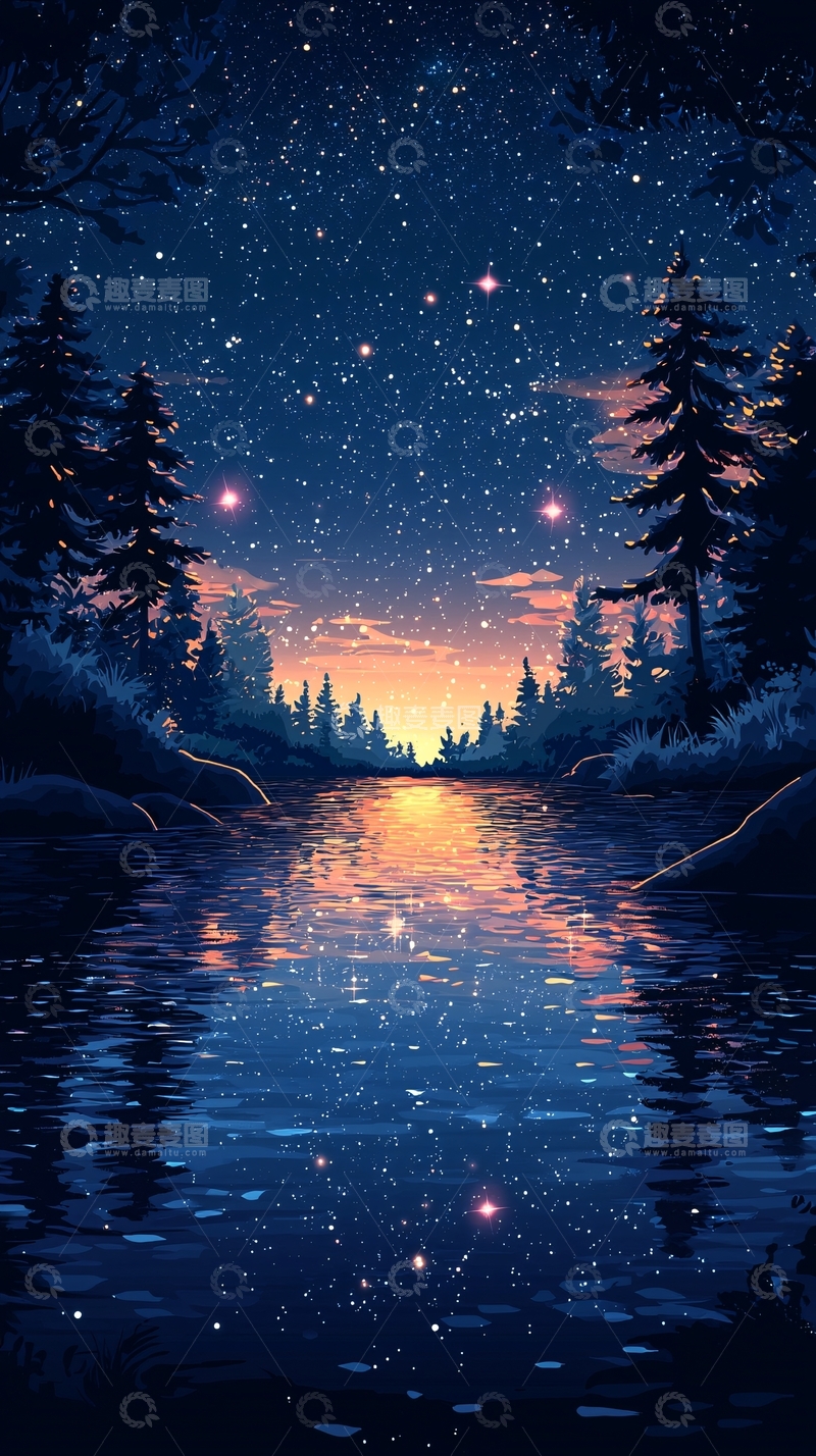 高清大图下载【趣麦麦图】夜晚星空下的湖面森林