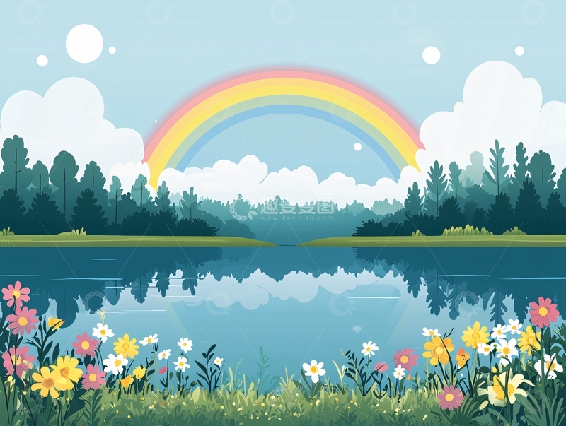 高清大图下载【趣麦麦图】宁静湖面上的彩虹风景