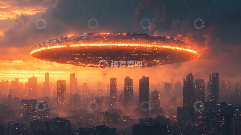 高清大图下载【趣麦麦图】燃烧的飞船悬停在城市上空