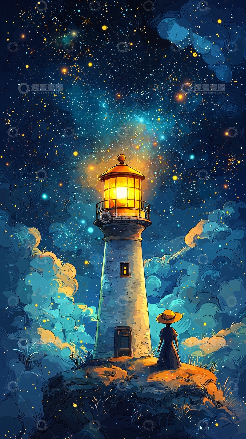 高清大图下载【趣麦麦图】星空下的灯塔与女孩