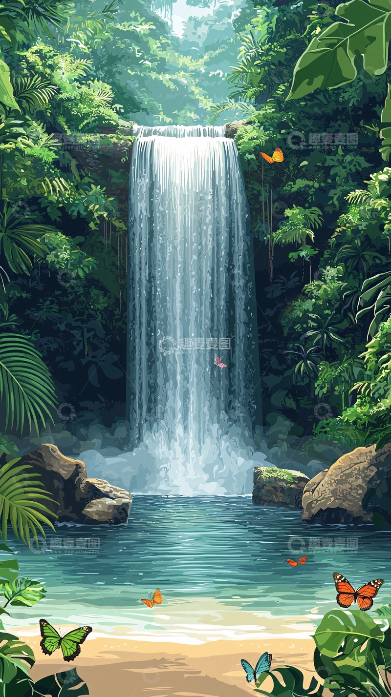 高清大图下载【趣麦麦图】热带雨林瀑布美景