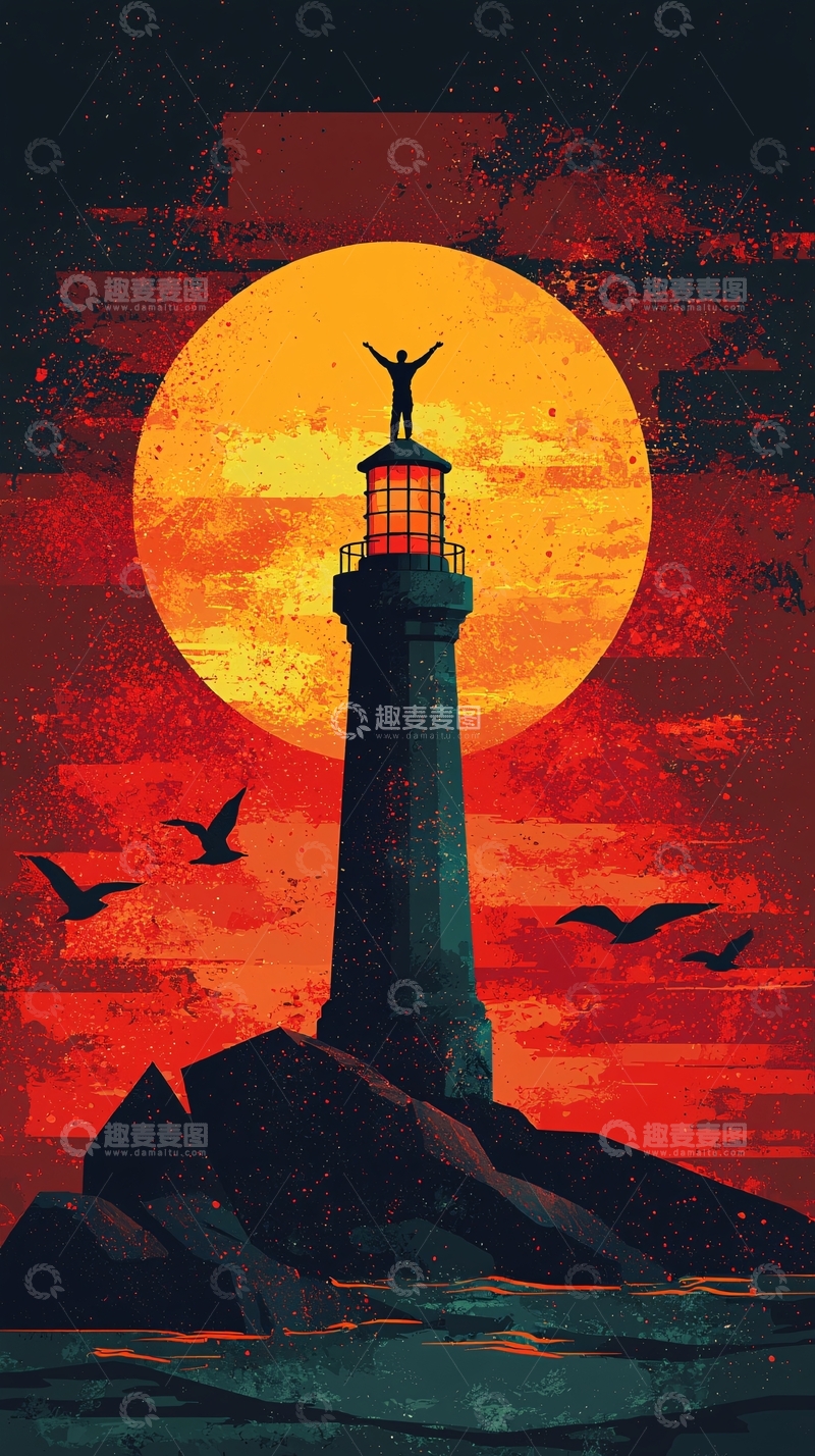 高清大图下载【趣麦麦图】灯塔剪影和人影
