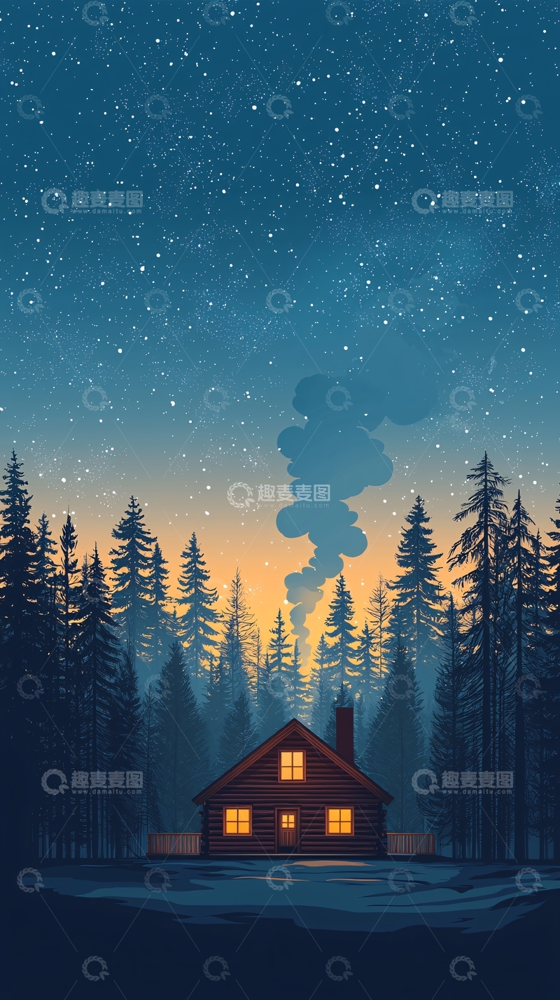 高清大图下载【趣麦麦图】星空下的小木屋