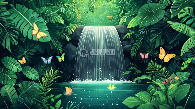高清大图下载【趣麦麦图】热带雨林瀑布蝴蝶