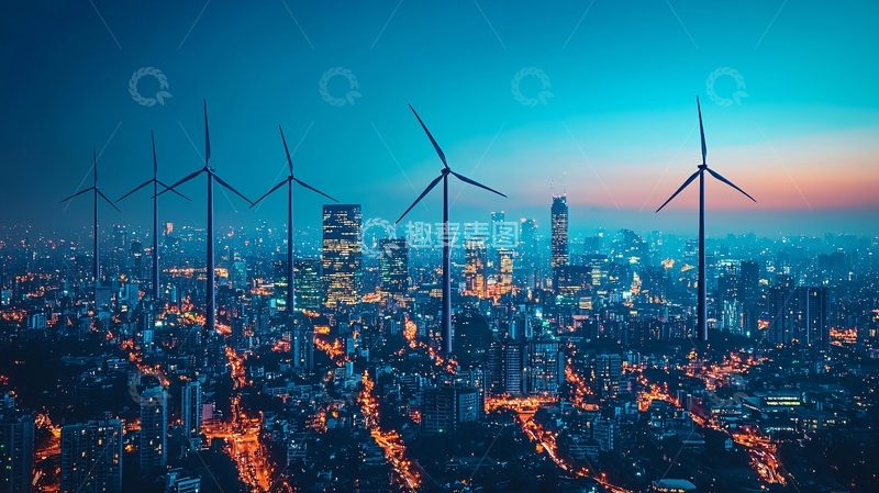 高清大图下载【趣麦麦图】夜景城市风力发电