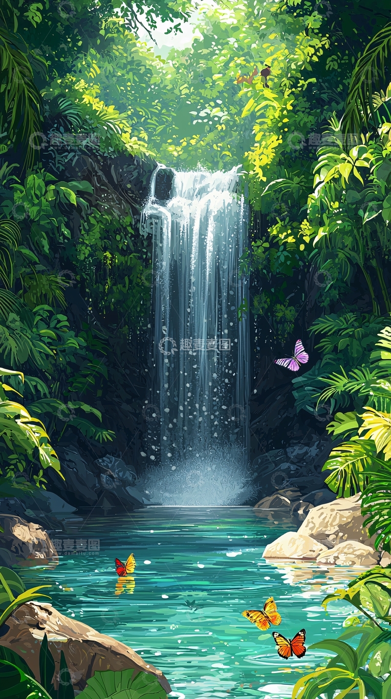 高清大图下载【趣麦麦图】热带雨林中的瀑布