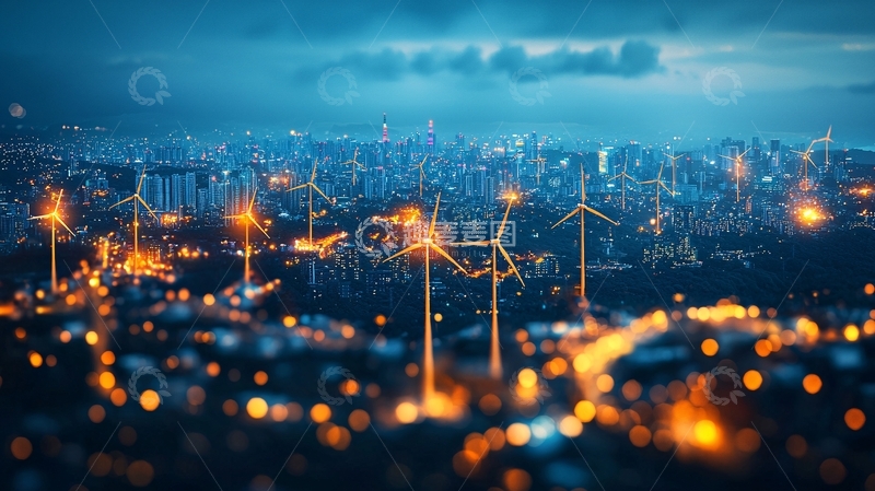 高清大图下载【趣麦麦图】夜幕下的城市风力发电