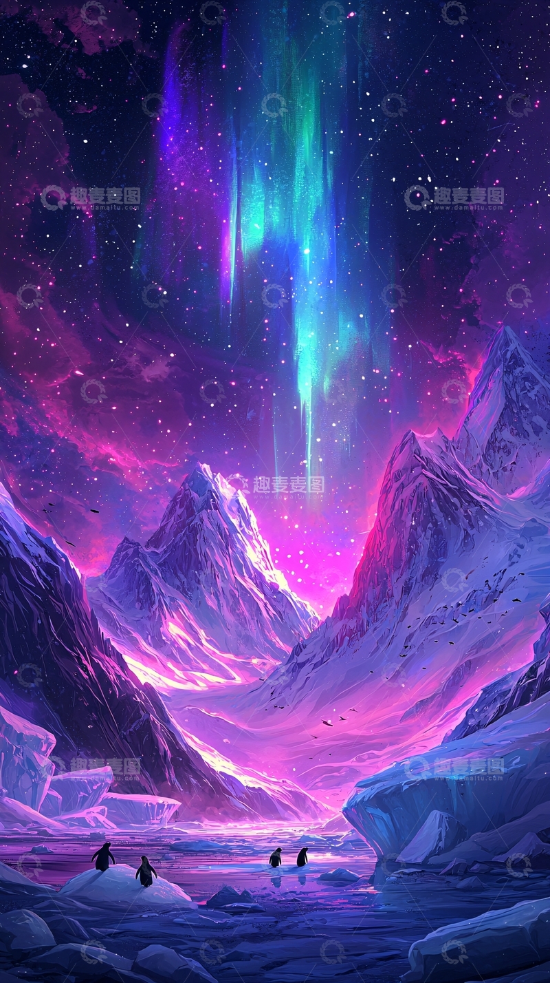 高清大图下载【趣麦麦图】极光下的雪山美景