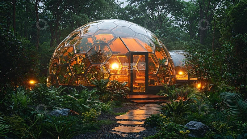高清大图下载【趣麦麦图】森林中发光的玻璃球形小屋