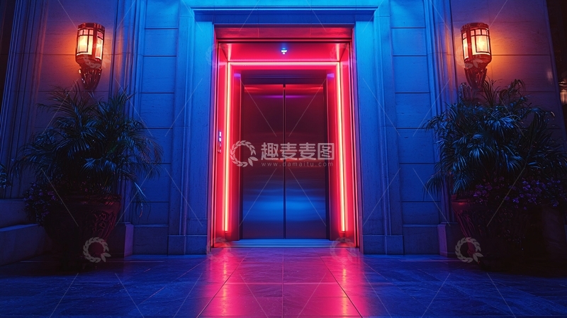 高清大图下载【趣麦麦图】-霓虹灯电梯入口