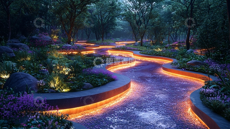 高清大图下载【趣麦麦图】夜幕下的森林小径灯光