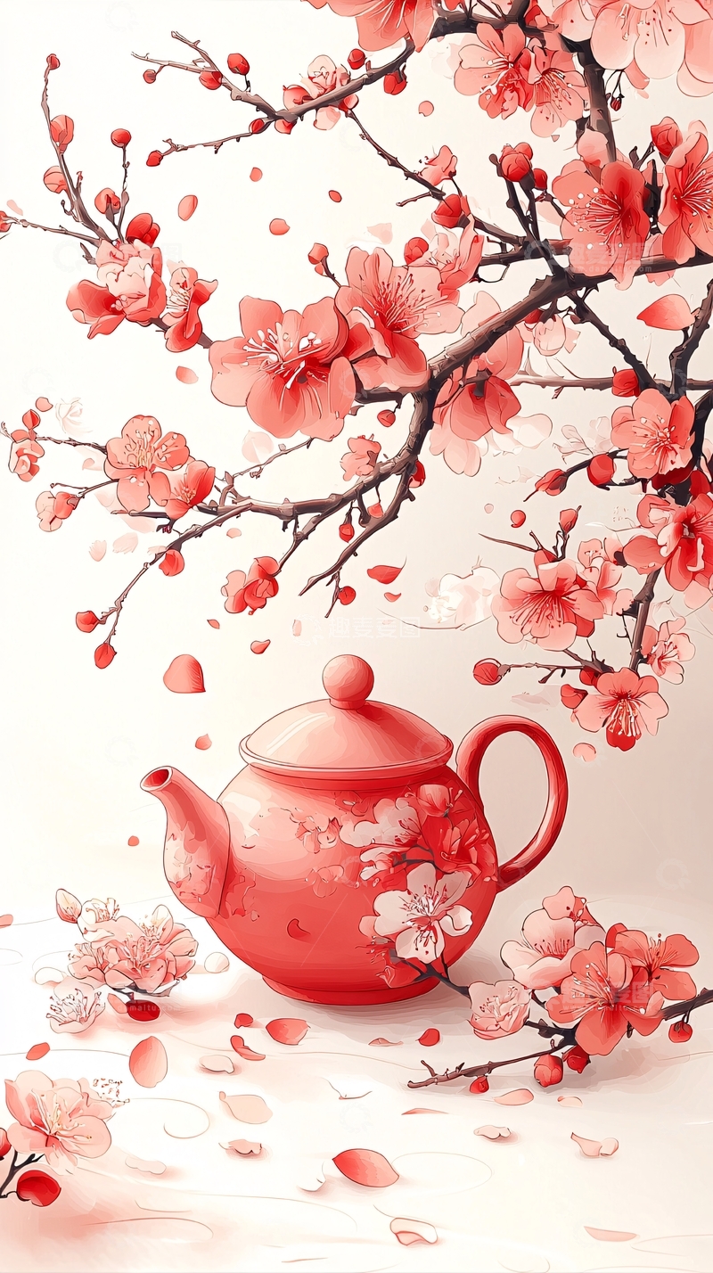 高清大图下载【趣麦麦图】水彩风茶壶与桃花