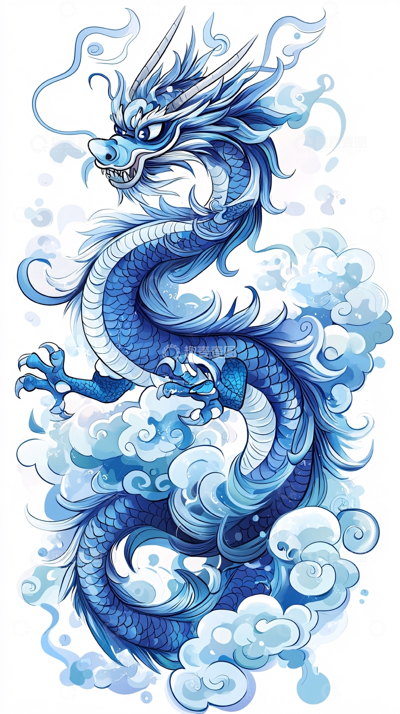 高清大图下载【趣麦麦图】蓝色祥云盘旋的龙