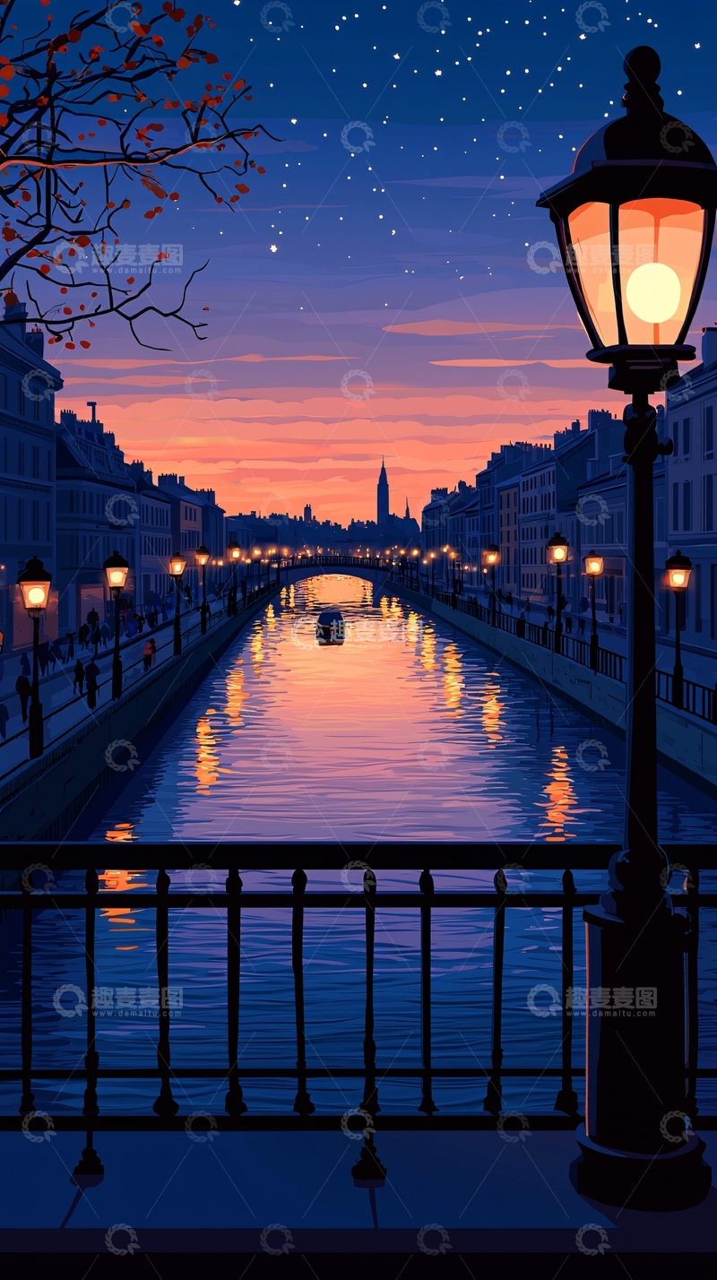 高清大图下载【趣麦麦图】宁静的夜晚城市河景