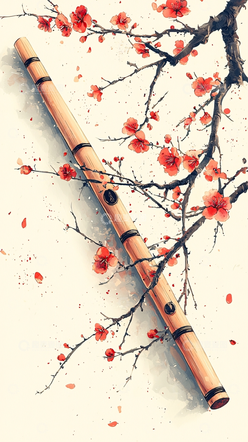 高清大图下载【趣麦麦图】竹笛红梅水墨意境