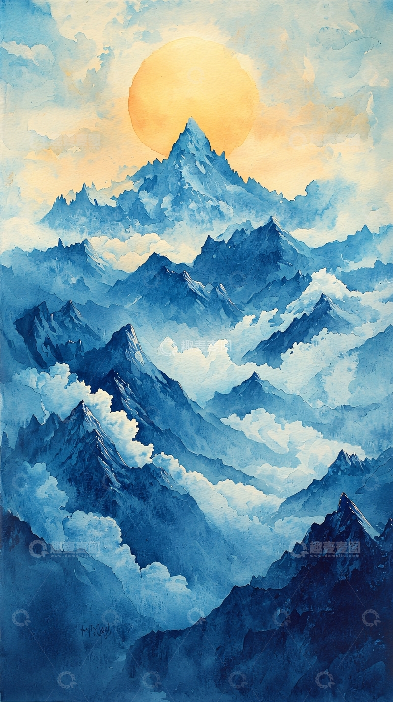 高清大图下载【趣麦麦图】蓝色山峰云雾缭绕