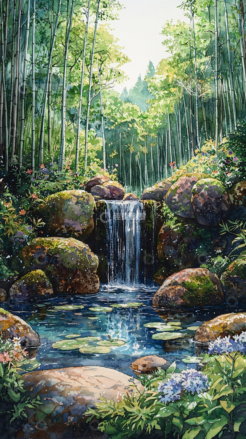 高清大图下载【趣麦麦图】竹林瀑布水彩画