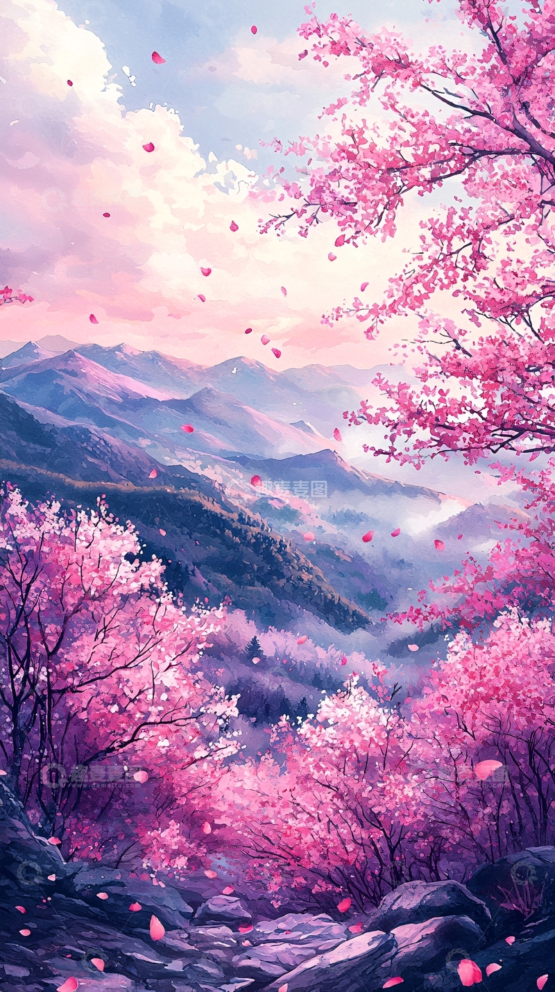 高清大图下载【趣麦麦图】粉色樱花山峦风景