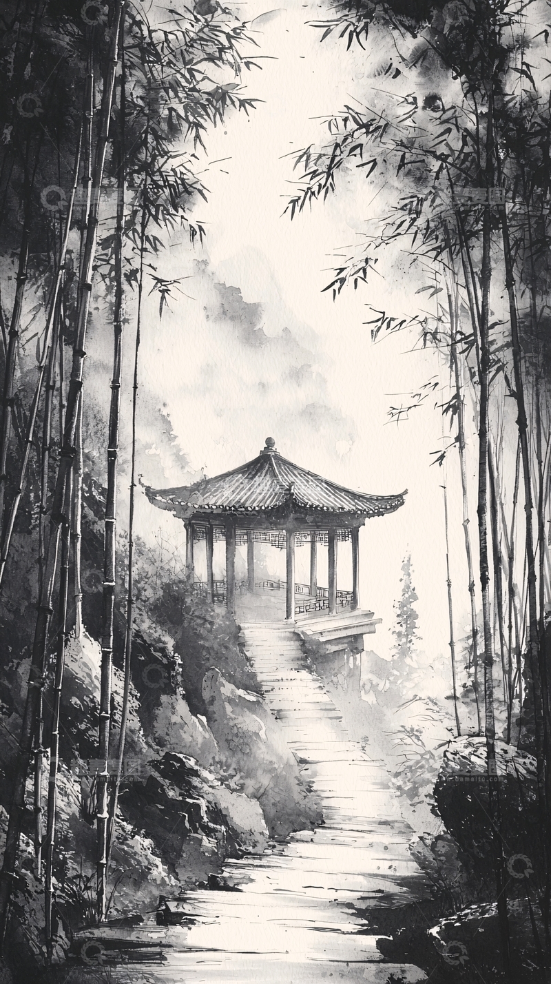 高清大图下载【趣麦麦图】水墨竹林亭台楼阁