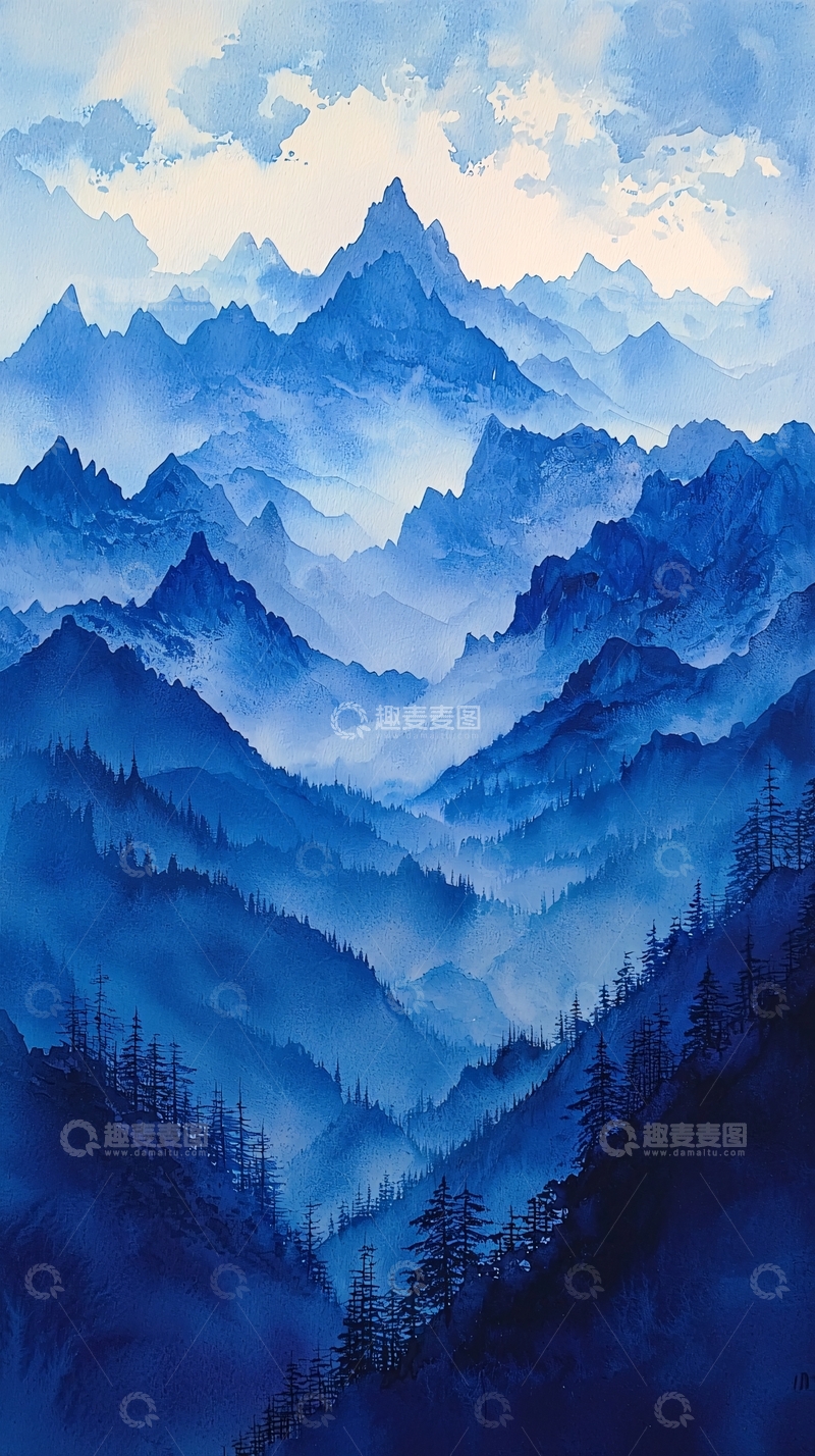 高清大图下载【趣麦麦图】水墨画风的蓝色山脉风景