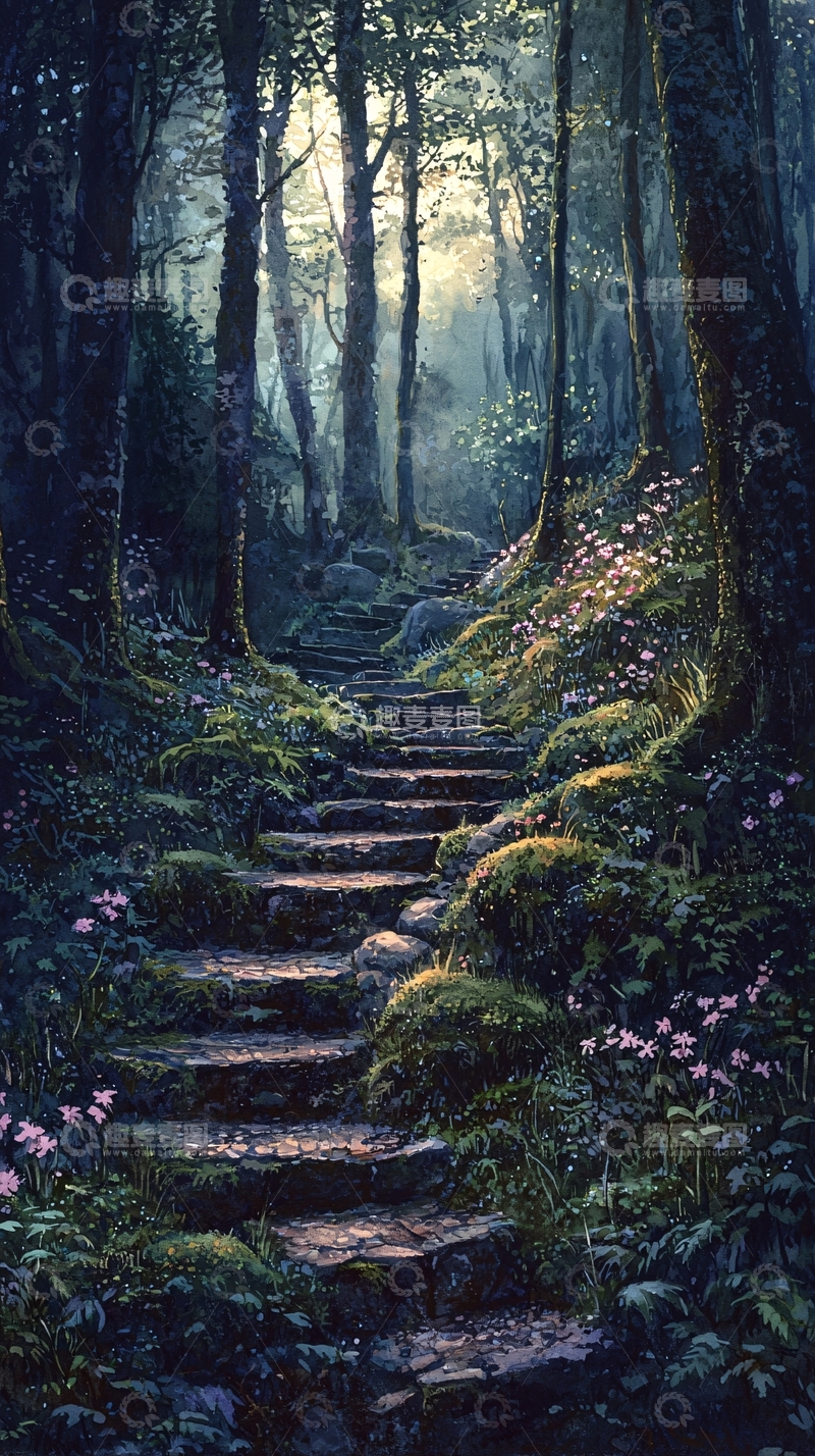 高清大图下载【趣麦麦图】森林石阶