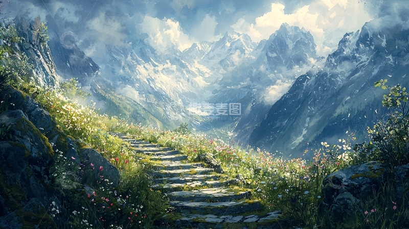 高清大图下载【趣麦麦图】山间小路通向远方雪山