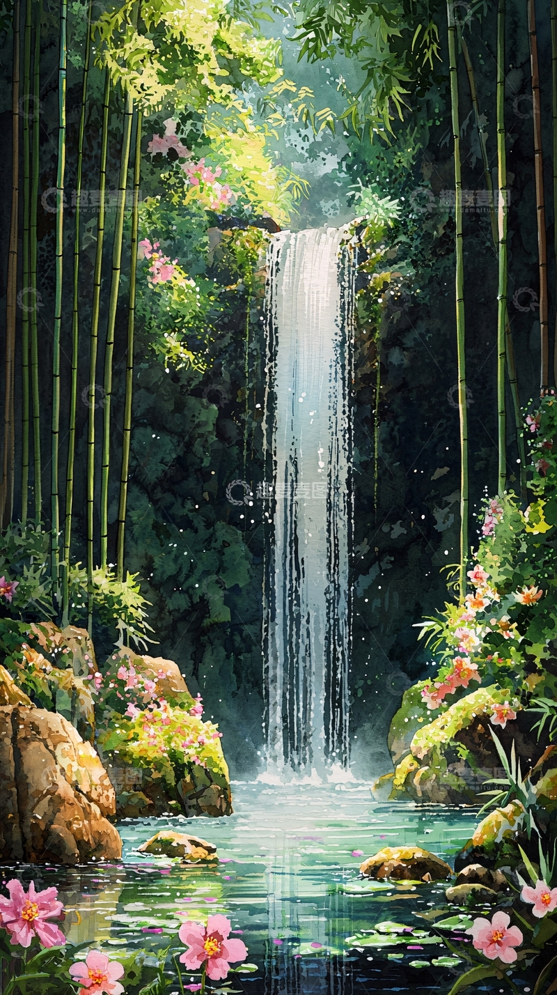 高清大图下载【趣麦麦图】竹林瀑布