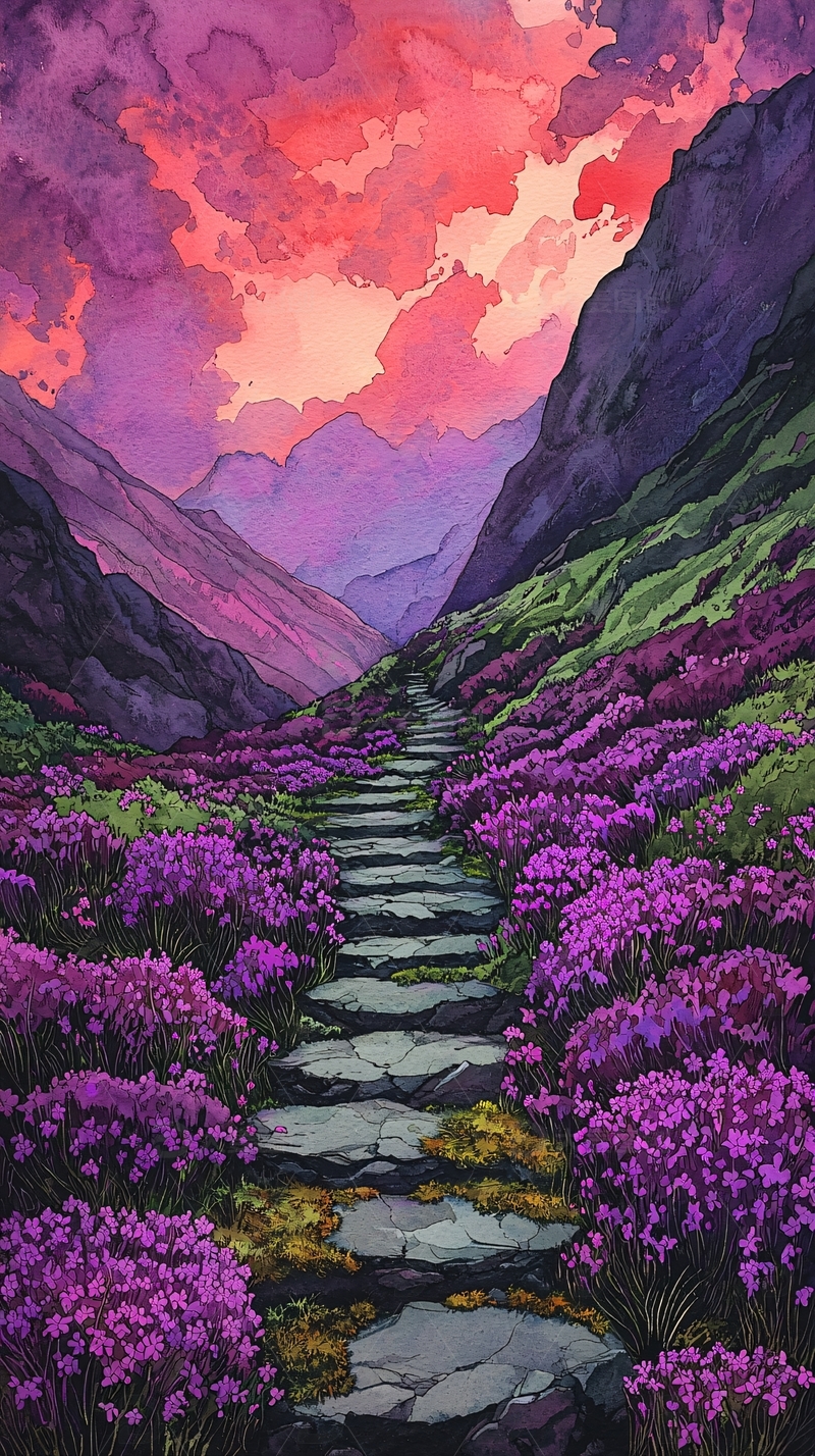 高清大图下载【趣麦麦图】紫色花海石阶山路